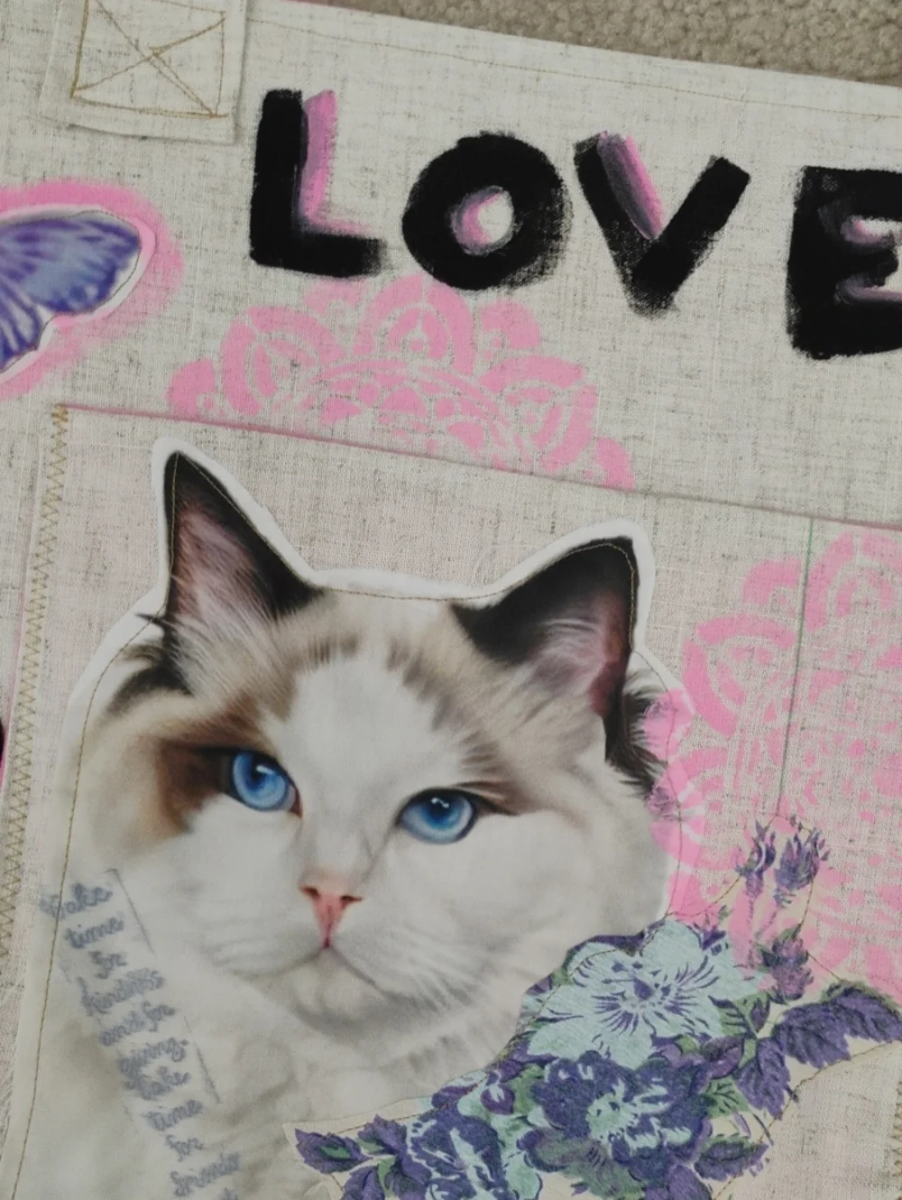 OOAK Handcrafted Upcycled Canvas Tote Bag Cat Butterfly Patchwork Floral